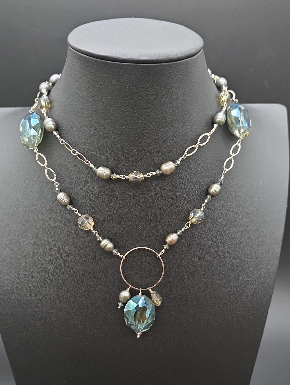925 Blue Crystal & Pearl Layered Necklace
